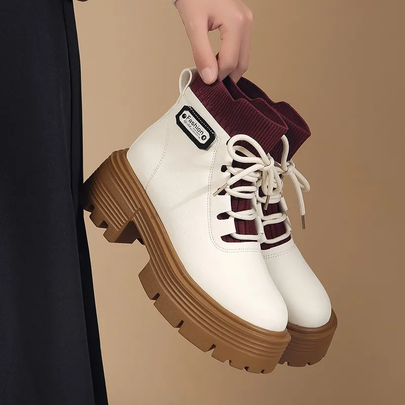 

Женские зимние ботинки 2022 в британском стиле, женские ботинки телесного цвета, большие размеры, модные теплые женские ботинки-носки, нескользящая обувь, женская обувь