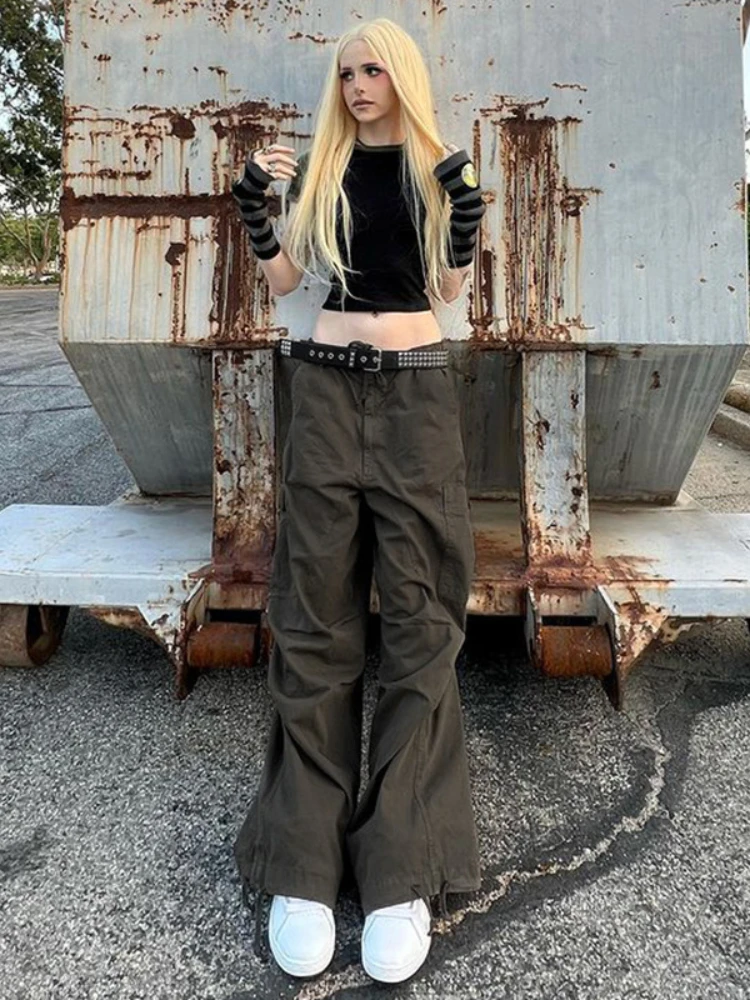

YIKUO Army Green Cargo Pants Streetwear 100% Cotton Big Pocket Patchwork Casual Pants Drawstring Low Waist Baggy Trouser Lady
