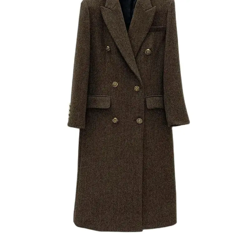 

Женское длинное двубортное пальто, подиумное коричневое шерстяное пальто с отложным воротником и наплечниками, верхняя одежда, 23 цвета, Y2K