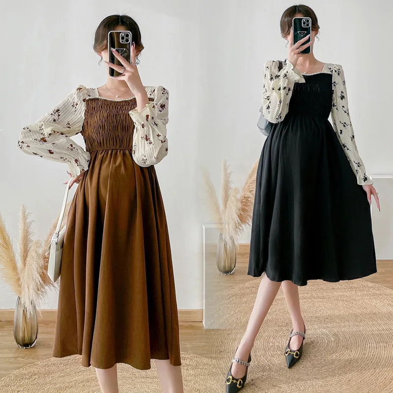 

Maternity Dresses Autumn Floral Long Sleeve Patchwork Slim Waist A Line Dress for Pregnant Women Pregnancy Square Collar Clothes