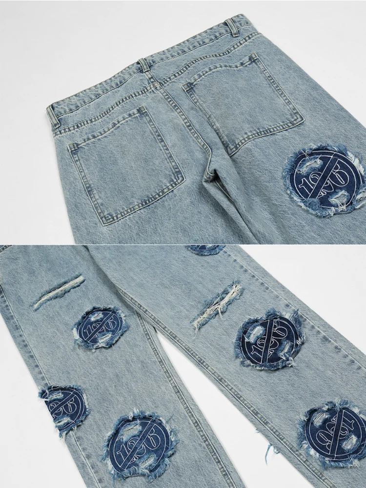 Four Seasons American Retro Washed Distressed Embroidered Patch Ripped Jeans High Street Fashion Streetwear Men's Ins Hot Sale