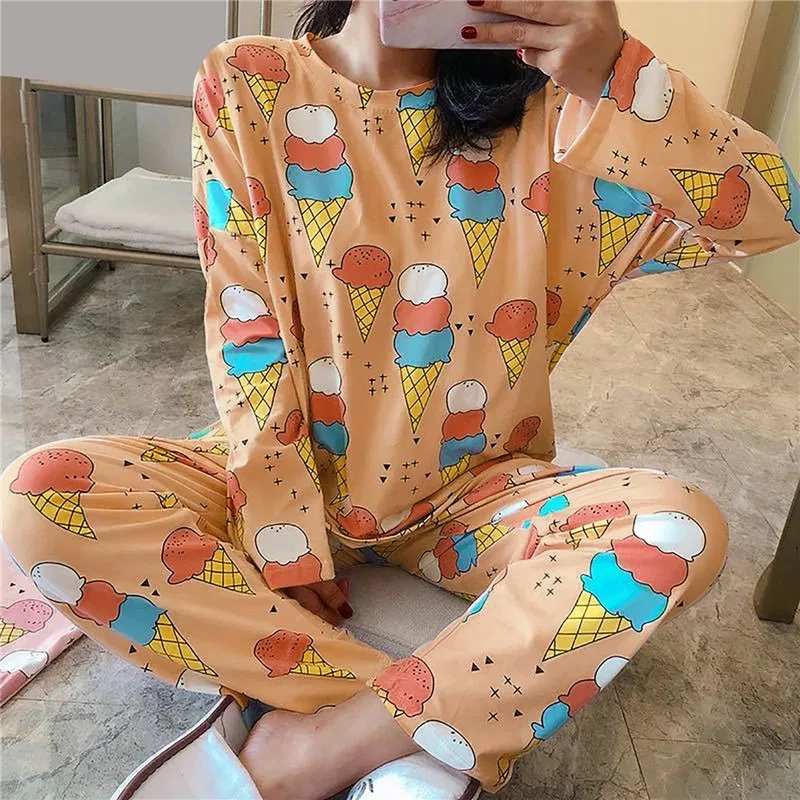 

Spring Cute Cartoon Cat Print Pajama Set Women Two-pieces Long Sleeve Sleepwear Underwear Women Pajama Sets