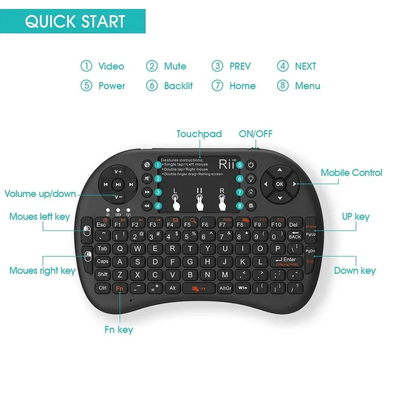 Фото Мини-клавиатура Rii X8 с тачпадом для Android TV Box Smart TV/ПК/Ipad Голосовой поиск со светодиодной подсветкой RU/US Беспроводная клавиатура №3