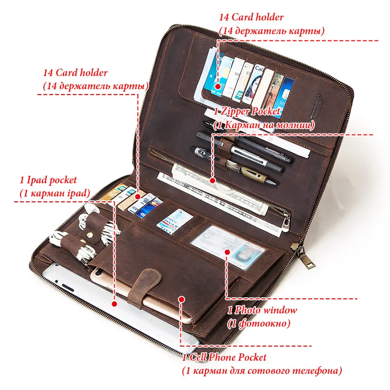 Leather Men 9.7in Ipad Bag Business Portfolio Case For iPad Multifunctional Clutch with Pencil Holder Portable Quality Briefcase