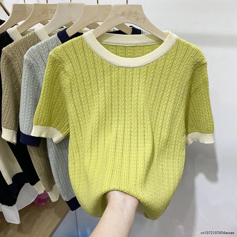 

Short Sleeve T Shirt Knitted Tops Women Summer O Neck Sweet Tshirt Casual Womens Clothing Black Camisetas Knit Top Mujer