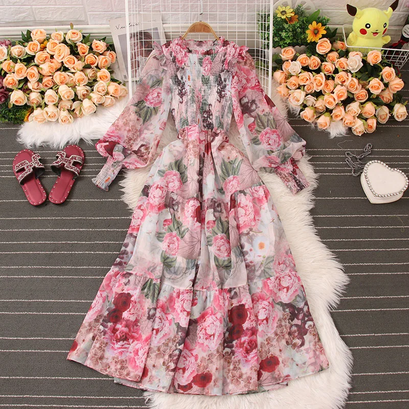 

French Chiffon Women's Clothing 2023 Spring High-end Sense Light Luxury Floral Dress with A Thin Waist To Show Elegant Dress