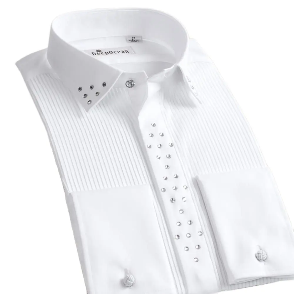 DEEPOCEAN Mercerized Cotton White Shirts Wedding Tux Men's Long-Sleeved Overshirt With Diamond Nightclub Blouse Blingbling Boy