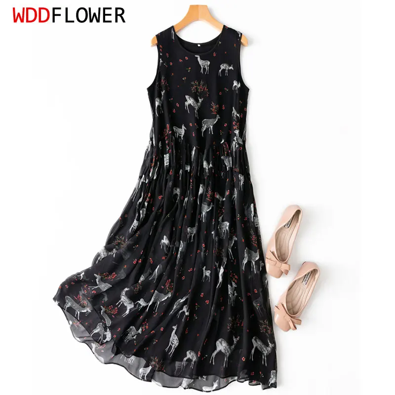 

Women Silk Dress 100% Mulberry Silk Black Deer Printed Sleeveless Midi Dress With Lining Big Hem Round Neck M L MM655