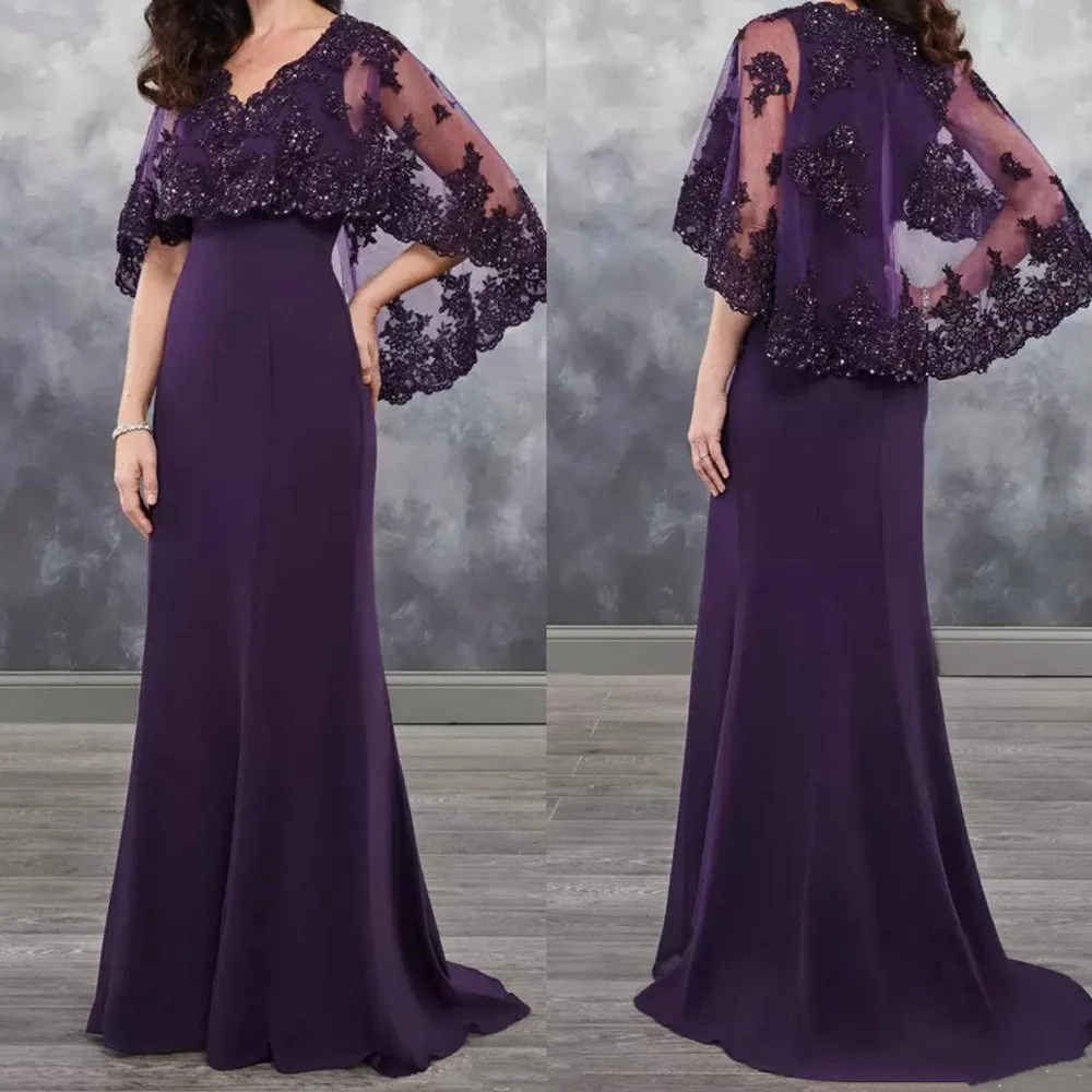 

Long Purple Mother of the Bride Dress with Cape Shawl Wrap Sparkly Sequins Lace Wedding Party Mother of the Groom Evening Gowns