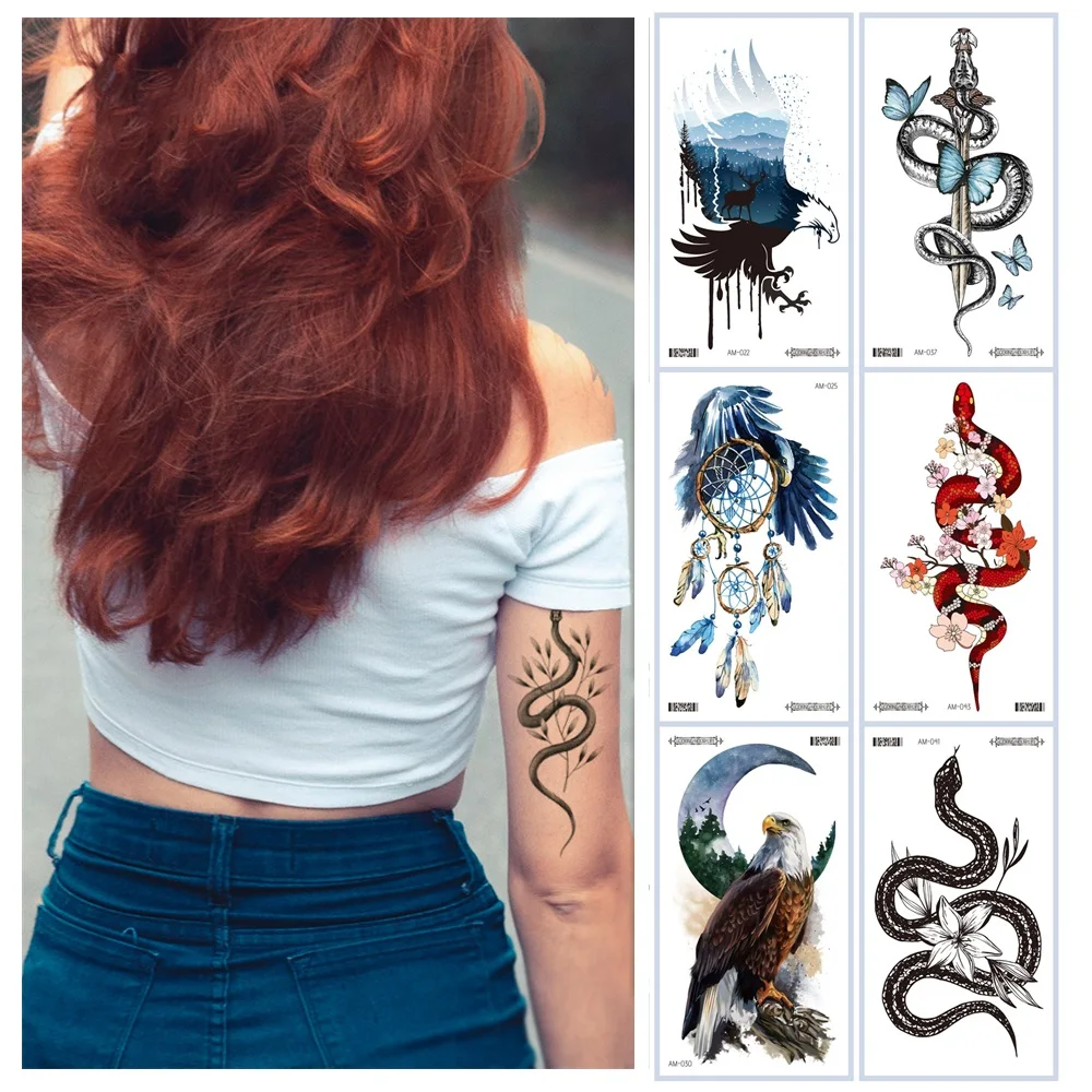 24 Kinds Tattoo Temporary Waterproof Men Women Colorful Eagle Hawk Falcon Sketch Snake Pattern Disposable Tatto Sticker Body Art