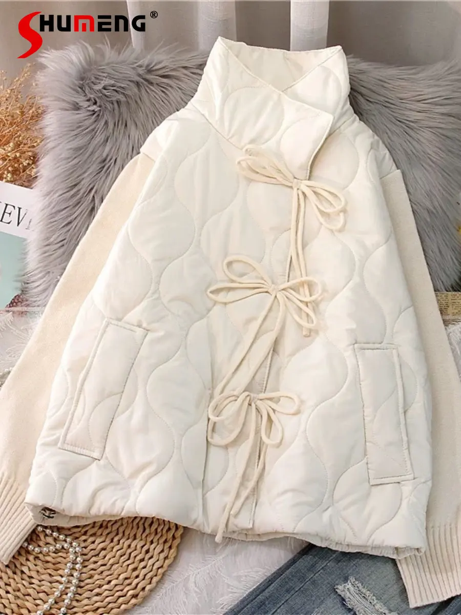 

Stand Collar Sweater Cardigan Cotton Jacket Women Fall Winter New Patchwork Cotton-Padded Coat Loose Lace-up Short Knitted Coats