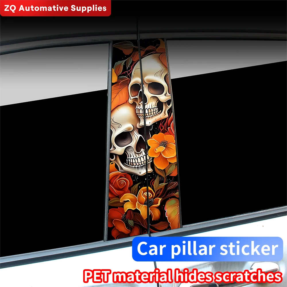 Skull and Flowers Car Stickers Auto B Pillar Waterproof Sunscreen Decor Cover Scratches Doors Vinyl Decal Accessories