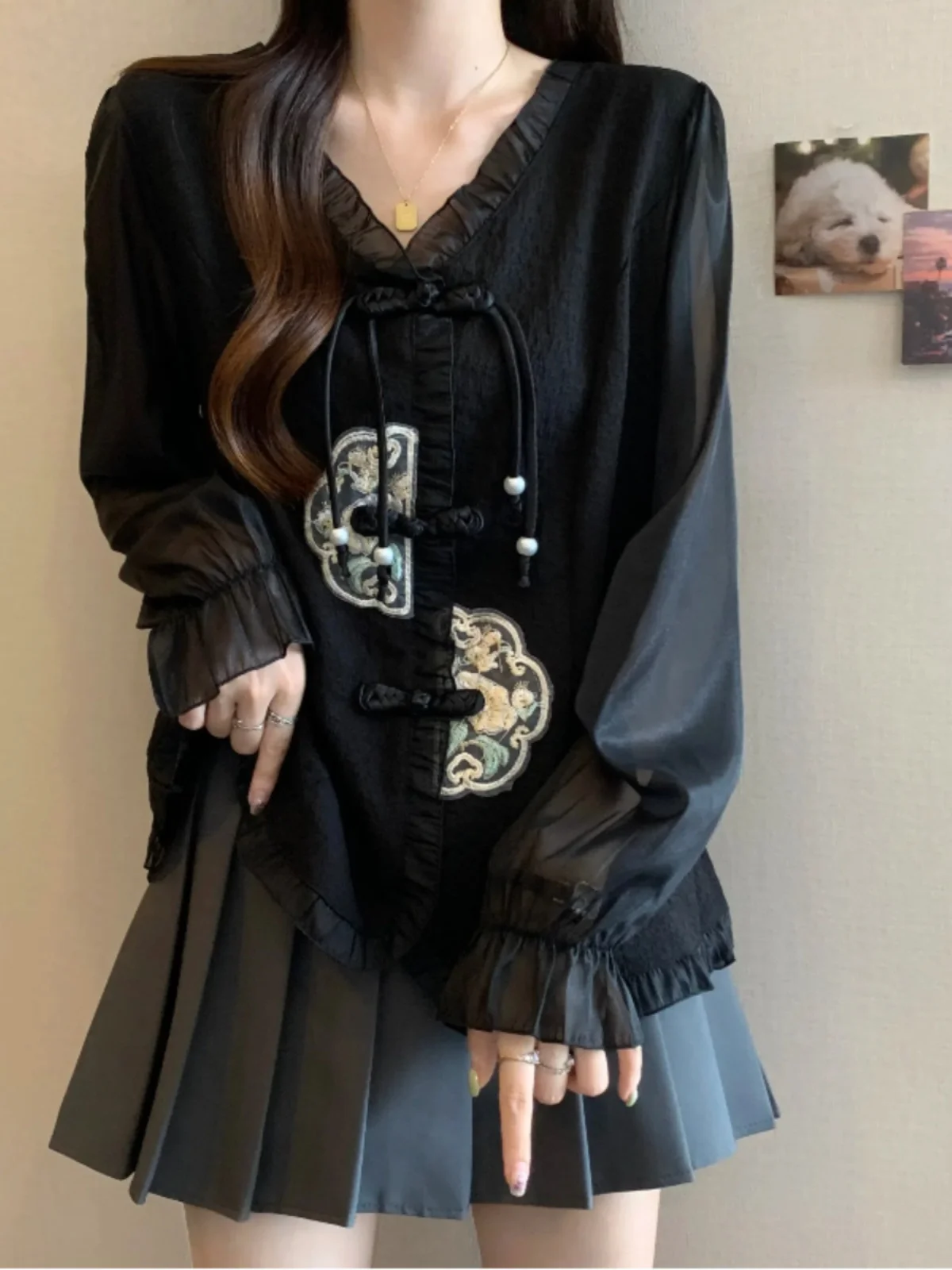 Новые китайские рубашки с длинным рукавом и V-образным вырезом в стиле ретро