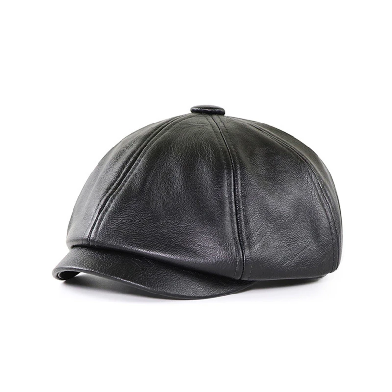 

PU Newsboy Caps Men Faux Leather Octagonal Hat Male All-Match Retro Middle-Aged Duckbill Berets Black Detective Hats Painter Cap