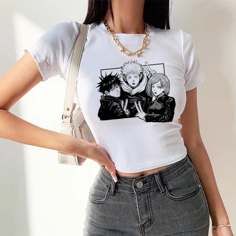 Summer New Japanese Anime Jujutsu Kaisen Gojo Satoru Kakashi Crop T-Shirt Female Harajuku T-shirt Ladies Cartoon Street Wear