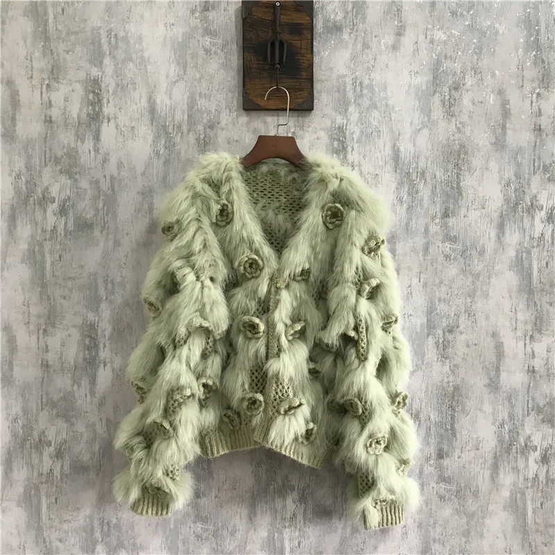 Fashion Winter Fox Fur Knitted Floral Coats Sweet Slim V Neck Sweater Handmade Crochet Elegant Women Long Sleeves Overcoats