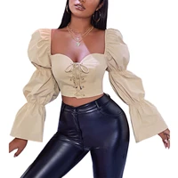 women solid color crop tops long puff sleeve sweetheart neck cross tie up t shirts