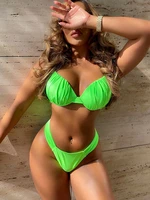 2022 new sexy push up bikini pleated swimwear women swimsuit female fluorescent green bikini set bathing suit summer beach wear
