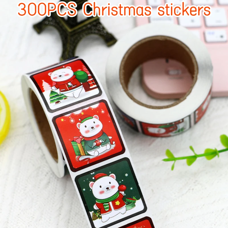 

300PCS Christmas Sticker Snowman Bear Sticker Arch Stick Coated Paper DIY Gift Baking Packaging Envelope Stationery Decoration