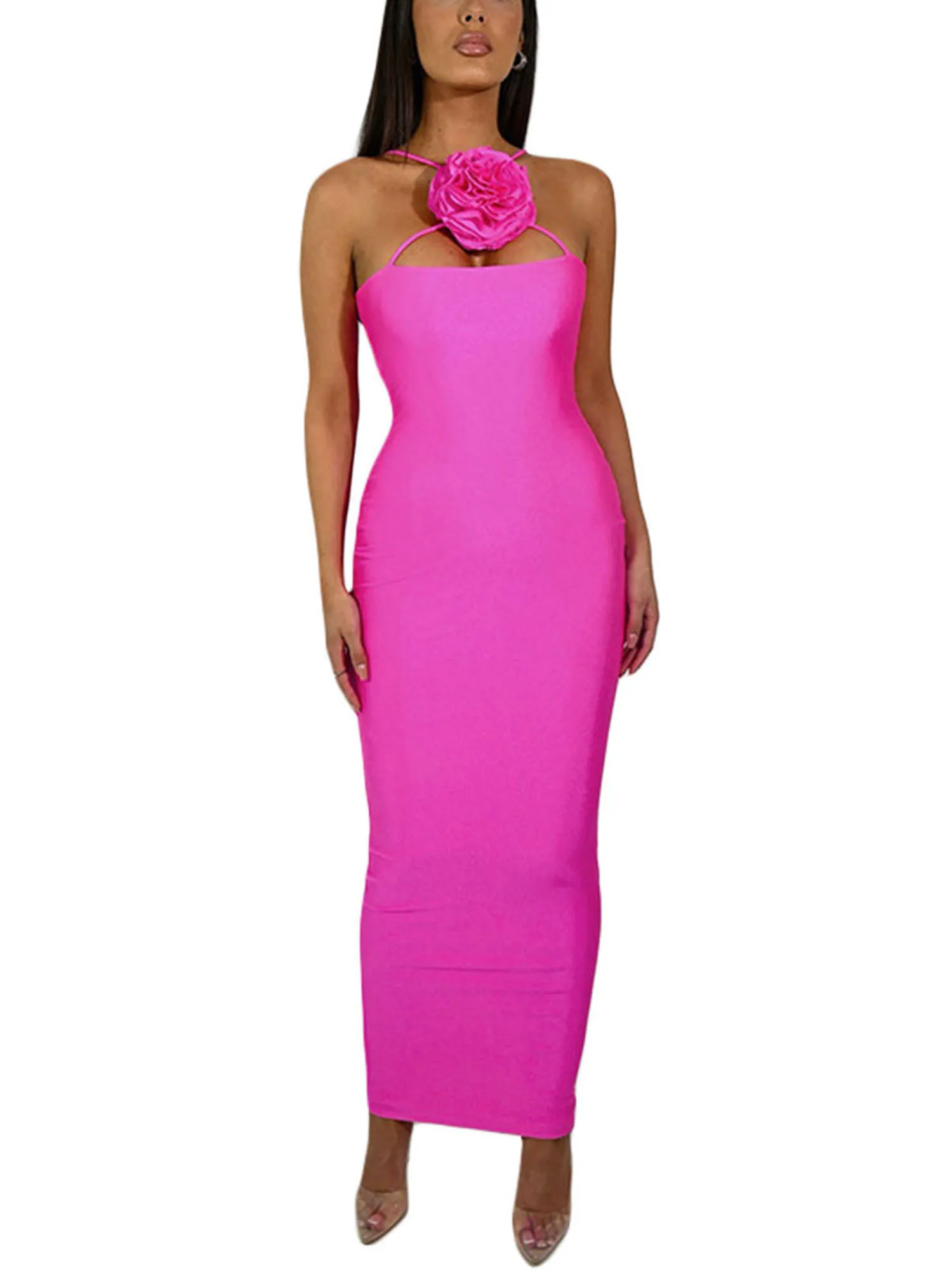 Sastianaen Women Y2k Ruffle Dress Sexy 3D Flower Halter Dress Sleeveless Open Back Tassels Dress Summer Club Long Dress