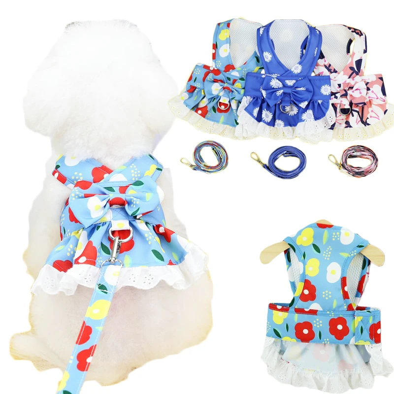 

Summer Mesh Dog Harness Pet Vest Flower Pattern Puppy Cat Harness Dress Leash Set Princess Girl Skirt Walking Leads Pet Supplier