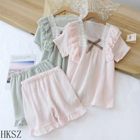 korean version simple and fresh lace cotton gauze pajamas womens set summer short sleeved shorts home clothes two piece set
