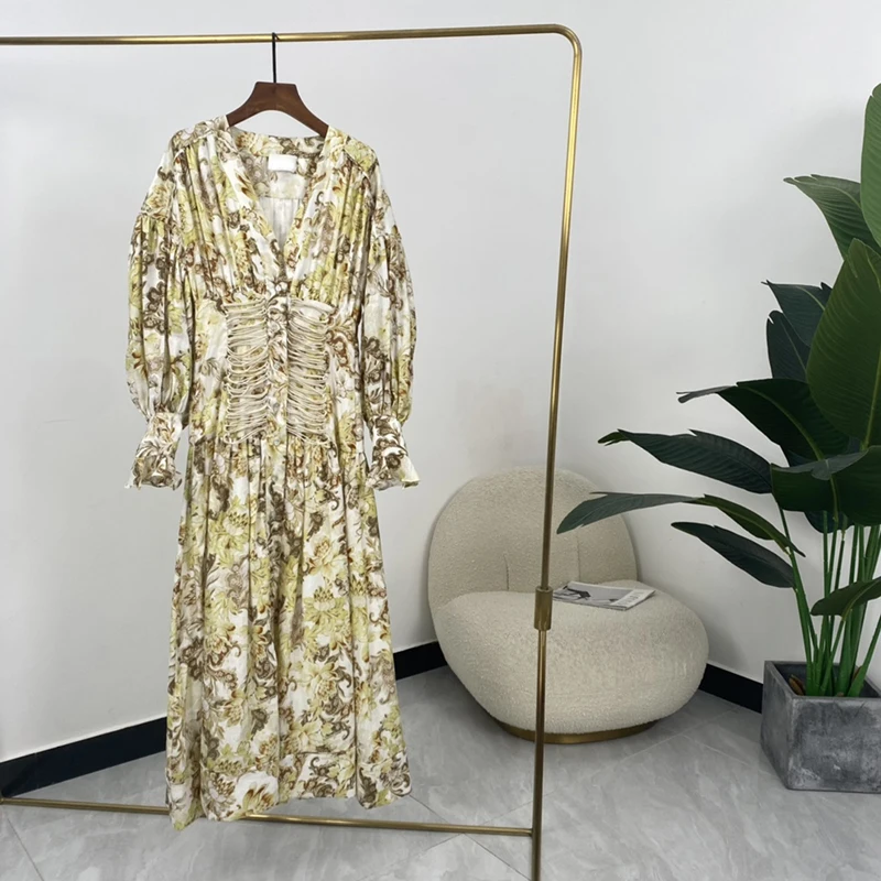 

2021 Autumn Front Criss-Cross Full Sleeve Elegant Slim Fit Designer Clothes Women Vinateg Linen Dresses