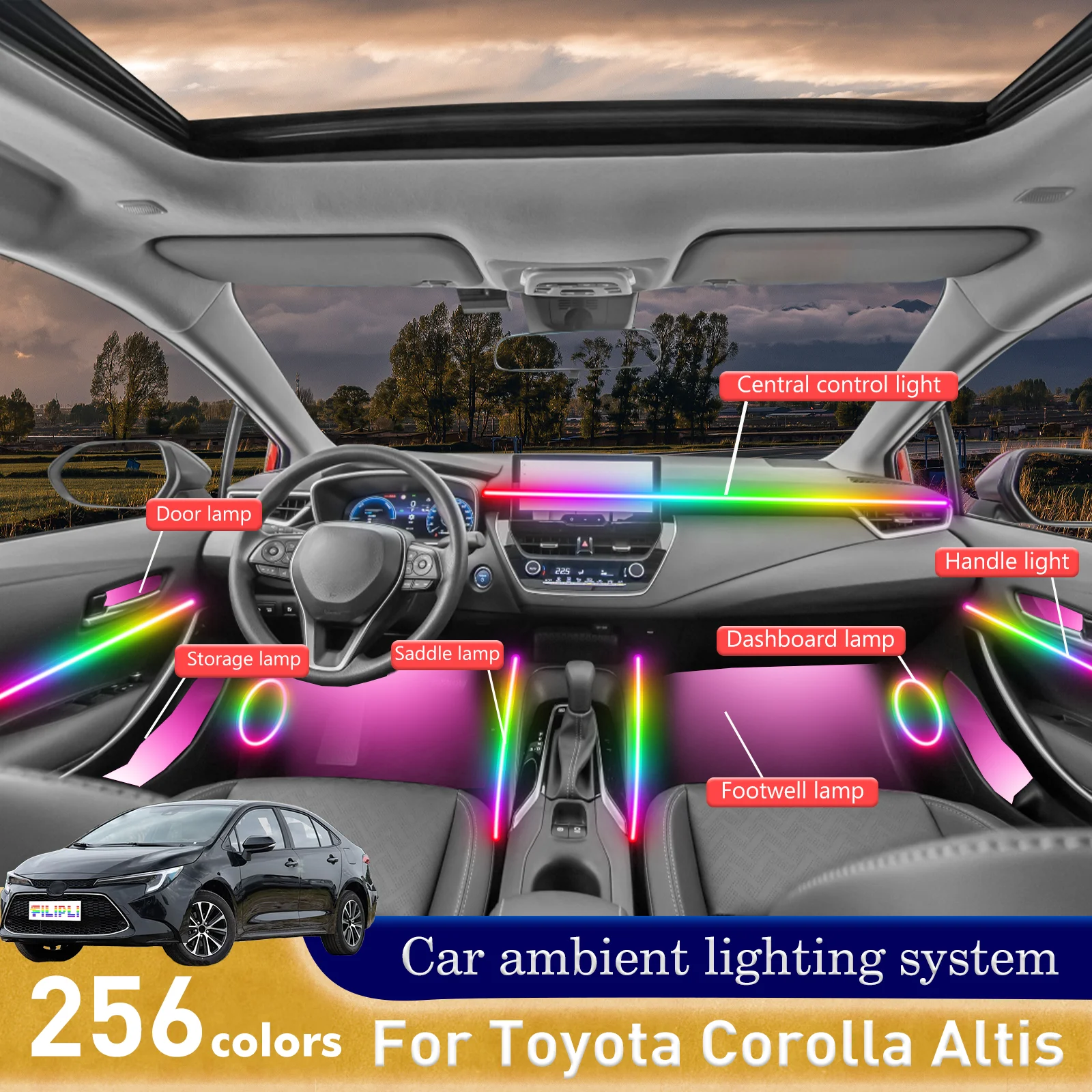 Фото Для Toyota Corolla Altis Элегантные стелс-установленные окружающие светодиодные ленты, акриловый салон автомобиля, призматический сдвиг с подключением через приложение №1