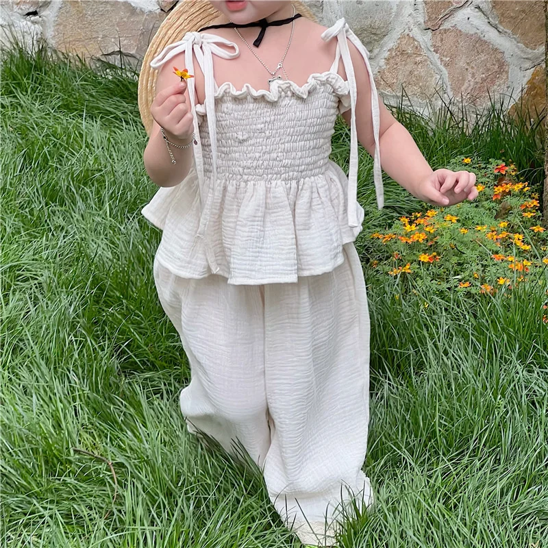 

Summer Set Smocked Top Cotton Organic Clothing Sling Tie Kids Leg Outfits Children Trousers Tank Pants Lace Girls Wide Korean
