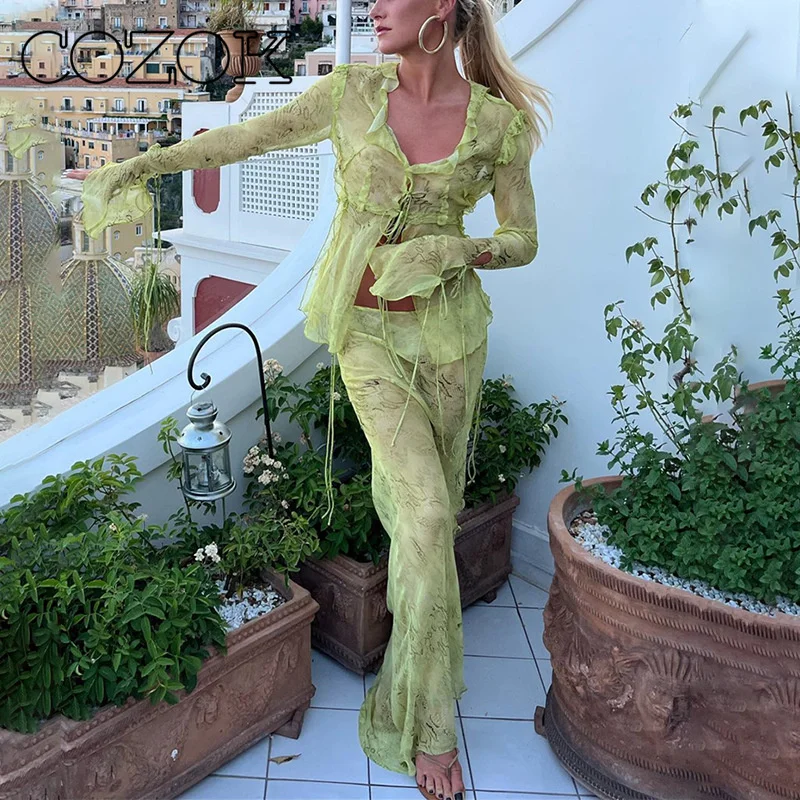

COZOK Y2K сетчатый топ с длинным рукавом рубашки зеленая макси юбка облегающие сексуальные комплекты из двух частей пляжные наряды женское элегантное платье
