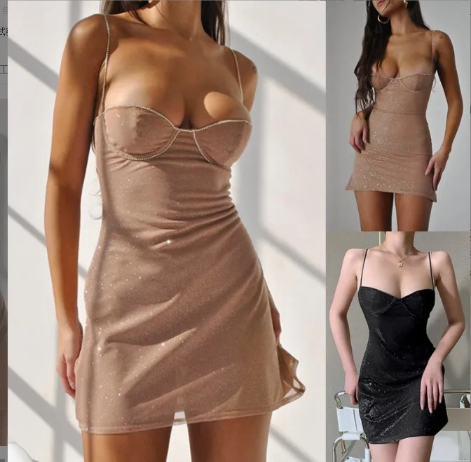 

2022 Sexy Bright Silk Low Neck Sleeveless Backless Nightclub Party Tight Dress Women