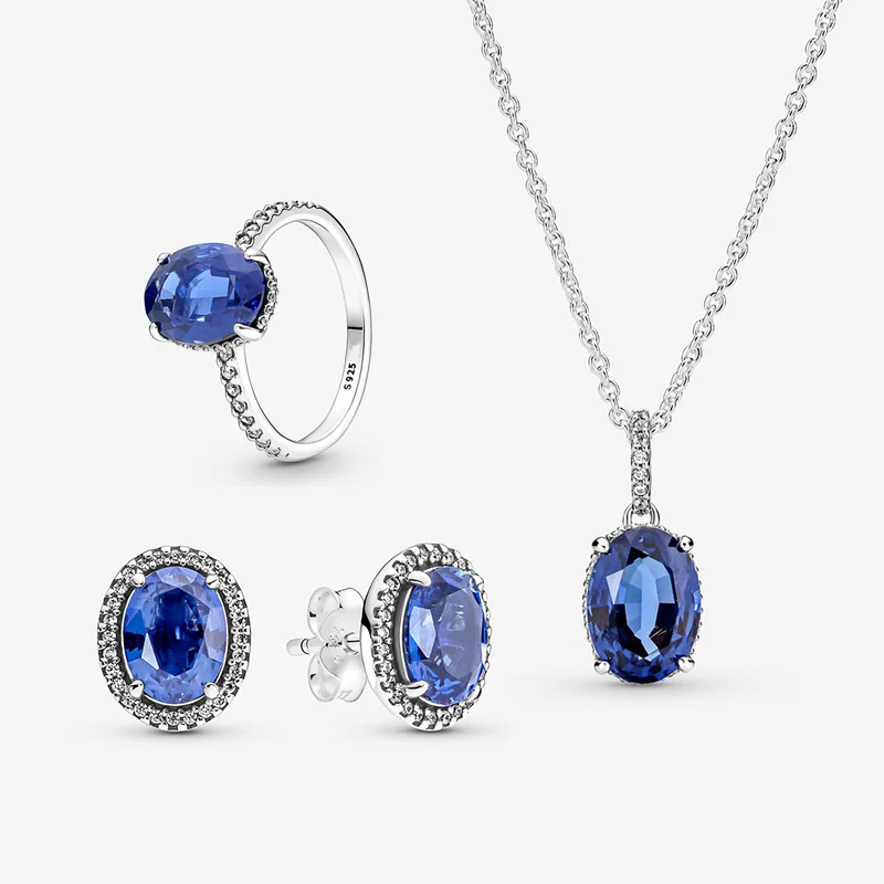 

New Fashion Charm S925 Silver Sparkling Statement Halo Jewelry Gift Set Sapphire Zircon Women Necklace Ear Making Banquet
