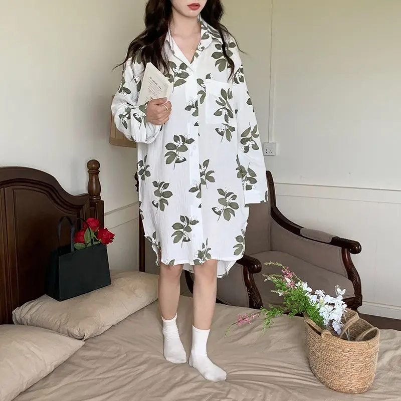 QWEEK Cotton Sleeping Shirt Woman Cardigan Home Clothes Casual Long Sleeve Print Sleepwear Korean Style Gauze Soft Nightie