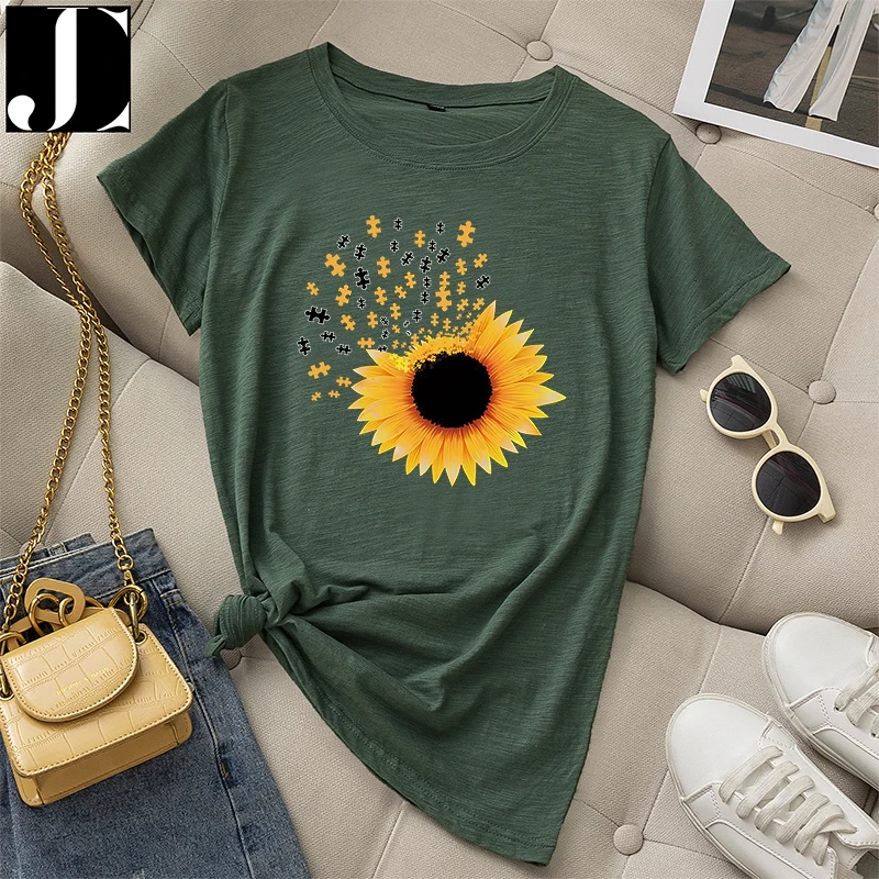 Summer Graphic T-shirt Women Fashion Daily 100% Cotton Short Sleeve Sunflower Jigsaw Print Ladies Casual Vintage O-Neck Tee Tops