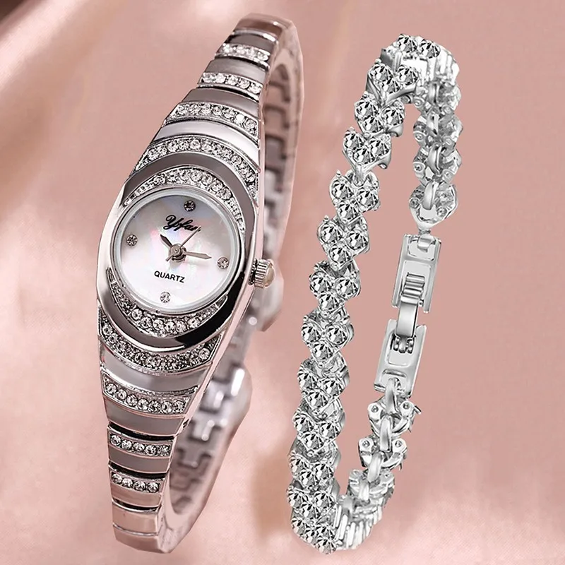 2PCS Fashion Trend Business Versatile Luxury Full CZ Set Elegant Quartz Watch Set Diamond Bracelet Set