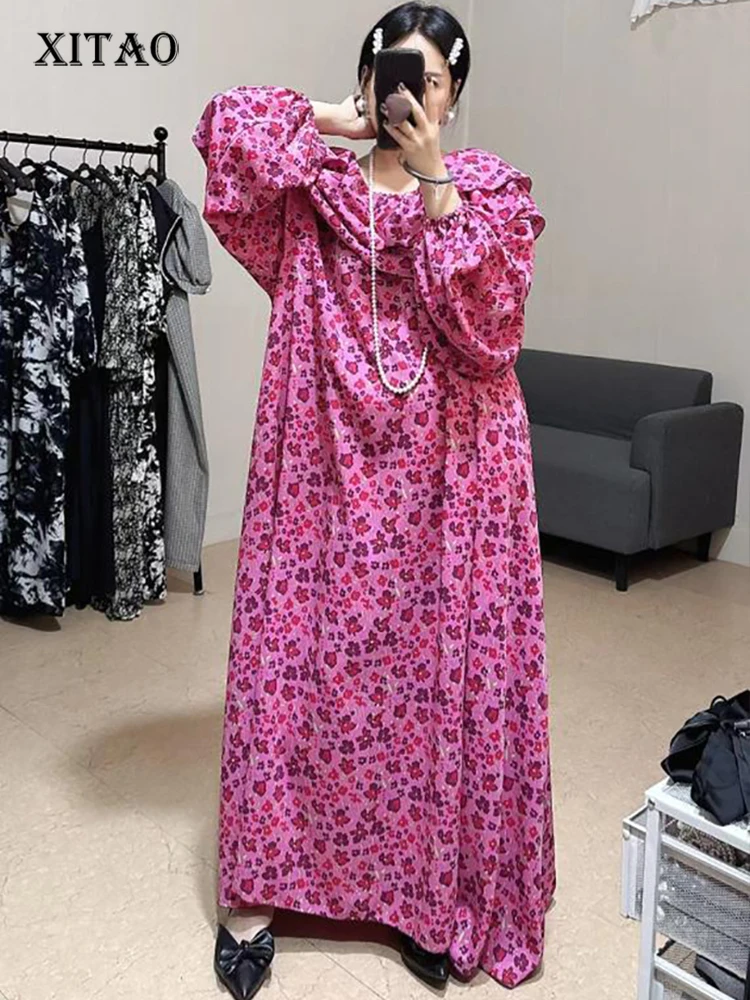 

XITAO Print Casual Dress Women Korea 2023 Summer New Arrival Personality Fashion Loose Slash Neck Long Sleeved Dress HQQ0154