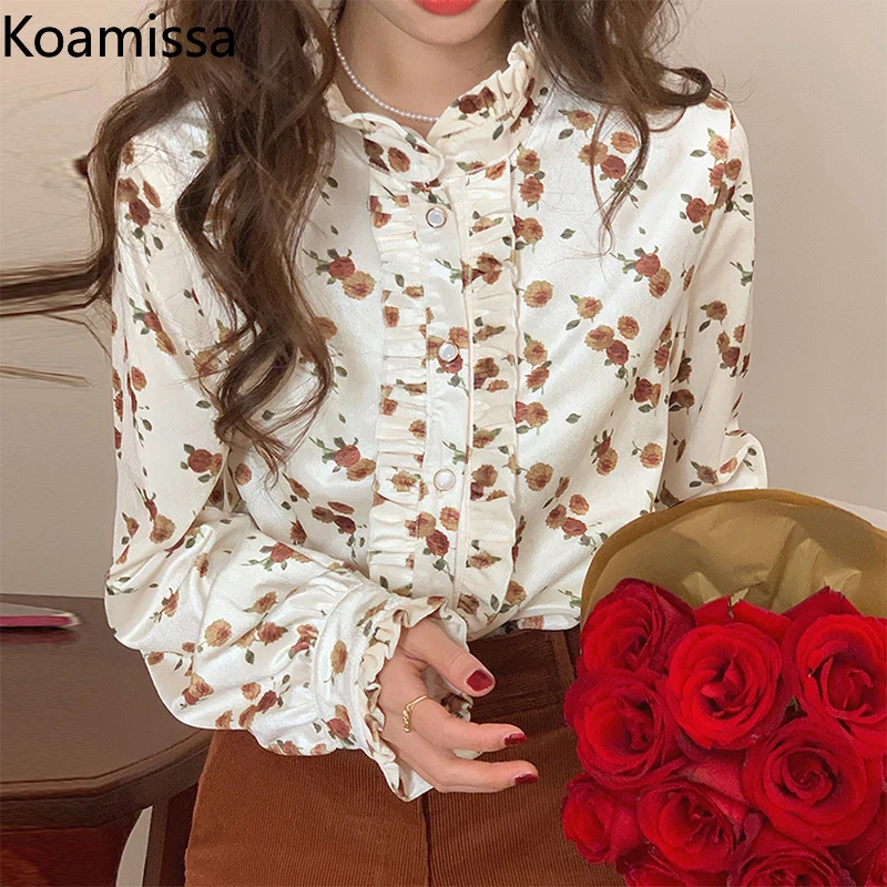 

Koamissa Floral Women Vintage Spring Blouse Long Sleeves Ruffles Fashion Single Breasted Shirt Spring Autumn 2022 Outwear Blusas