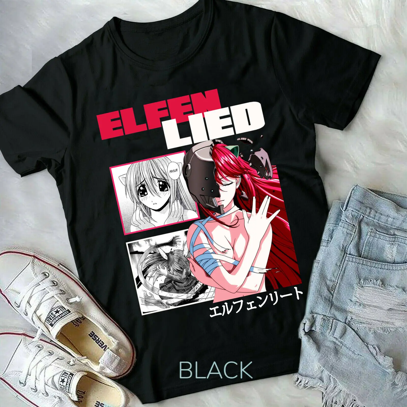 Футболка Elfen Lied черная футболка с рисунком Люси Nyu Kaede в стиле аниме для девушек