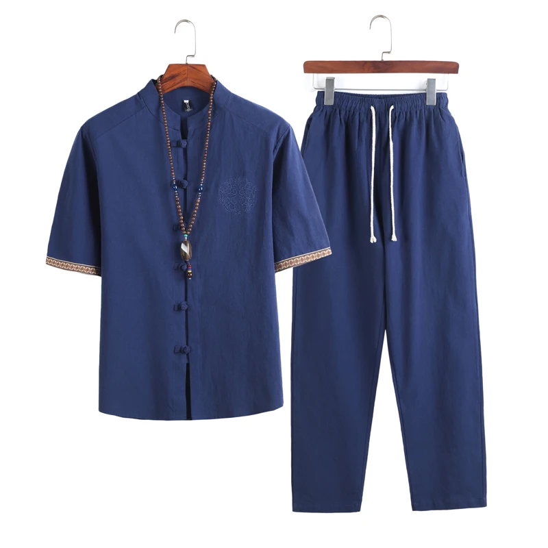 Летняя льняная одежда в китайском стиле мужские шорты униформа Тай Чи рубашка с