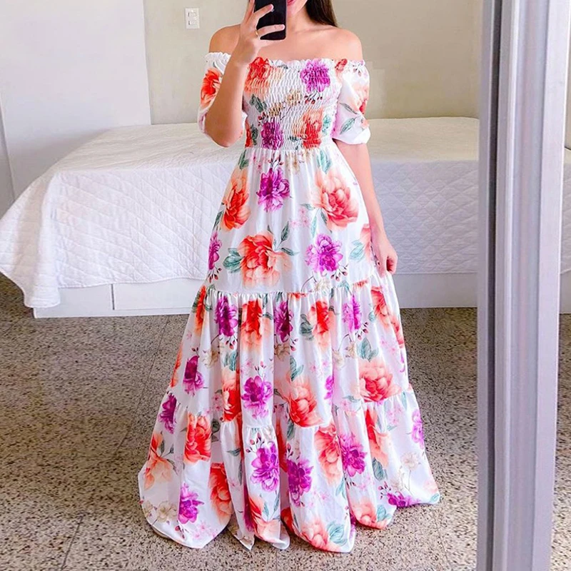 

Sexy Off The Shoulder Tube Top Dress Butterfly Rainbow Floral Print Dress Ladies Elegant Slim Summer Bohemian Party Maxi Dresses