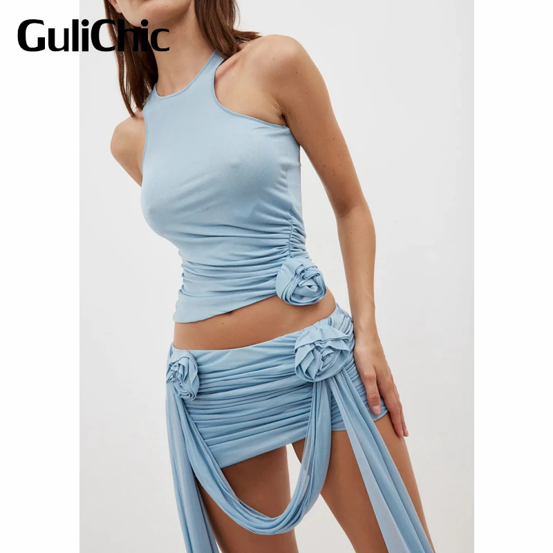 

3.28 GuliChic Fashion Rose Flower Decoration Ruched Slim Solid Color Sleeveless Tank Top Women