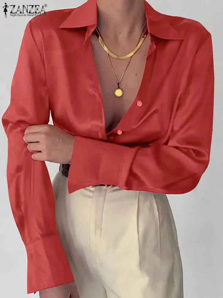 

2022 ZANZEA Spring Satin Blouse Long Sleeve Blusas Stylish Women Shirts Casual Loose Chemise Work OL Solid Tunic Tops Oversized