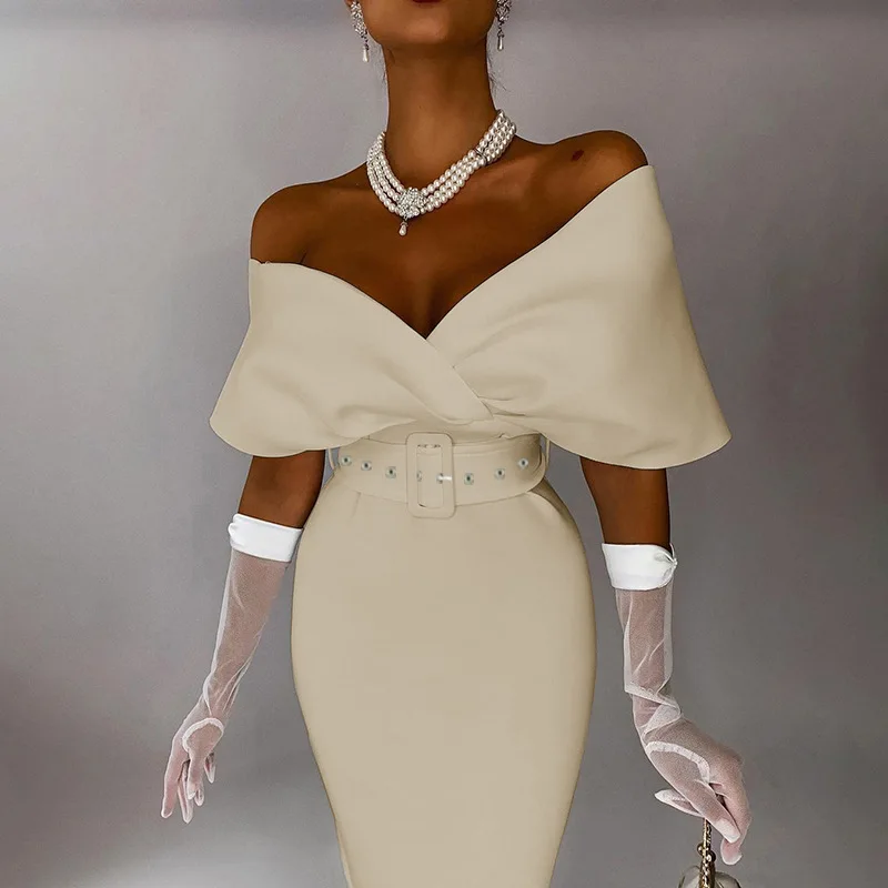 

2022 Europe and America Women's Wear Autumn New Temperament Shoulder High Waist Waist with Belt Dress