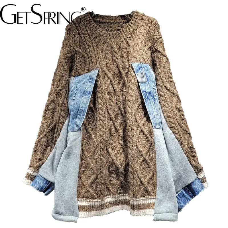 

GetSpring Women Sweater Patchwork Thickened Fake Two Irregular Knitted Sweater All Match Pullovers Loose Autumn Winter Tops 2022