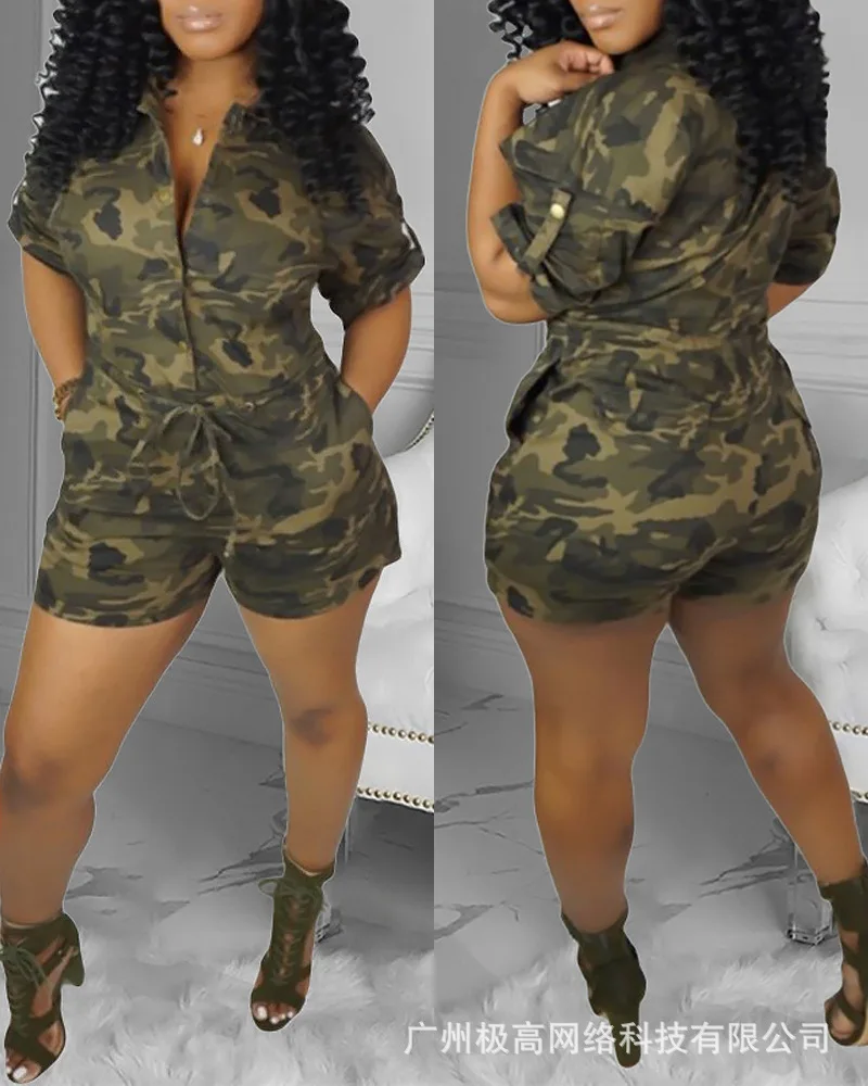 

Camouflage Print Tied Detail Roll-Up Sleeve Romper Short Sleeve High Waist Playsuit Shorts Pants Spring Summer