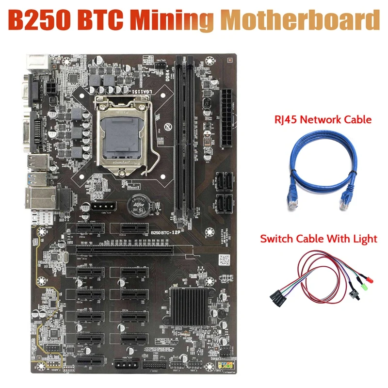 

B250 BTC Mining Motherboard With Switch Cable With Light+RJ45 Cable 12Xgraphics Card Slot USB3.0 For BTC Miner
