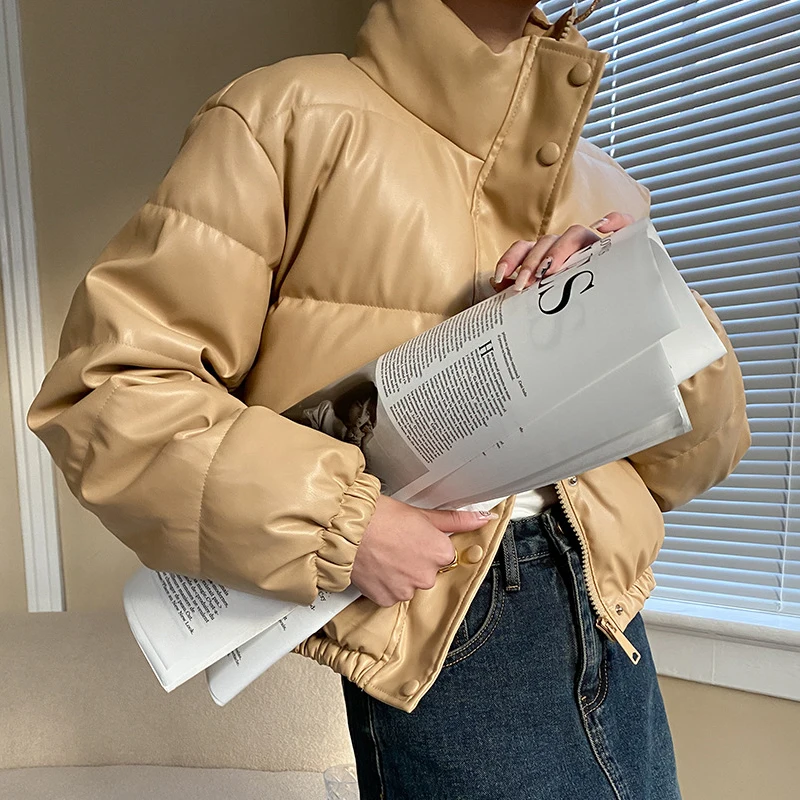 Модная простая Женская куртка-пуховик из искусственной кожи новинка зимы