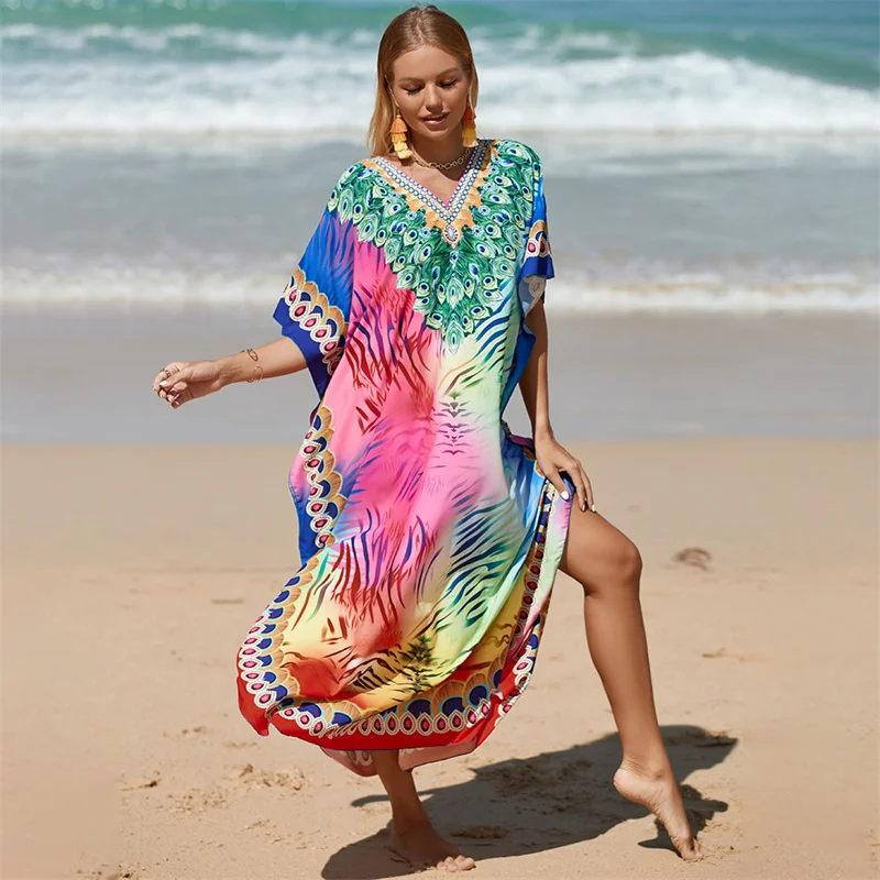 

Vintage Bohemian Print Beach Dresses Women Sun Protection Cover-ups Loose Long Robe Female Blouse Summer Vacation Basic Swimsuit