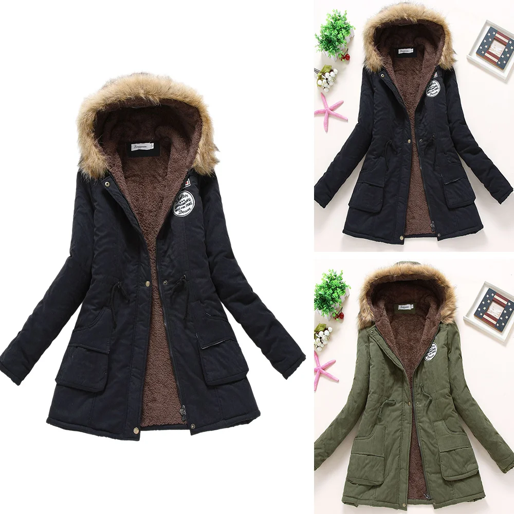 

Women's Winter Jackets Plush Lined Mid-Length Coat with Hood Zipper Closure Long Sleeve with Pockets Woman's Outwear H9