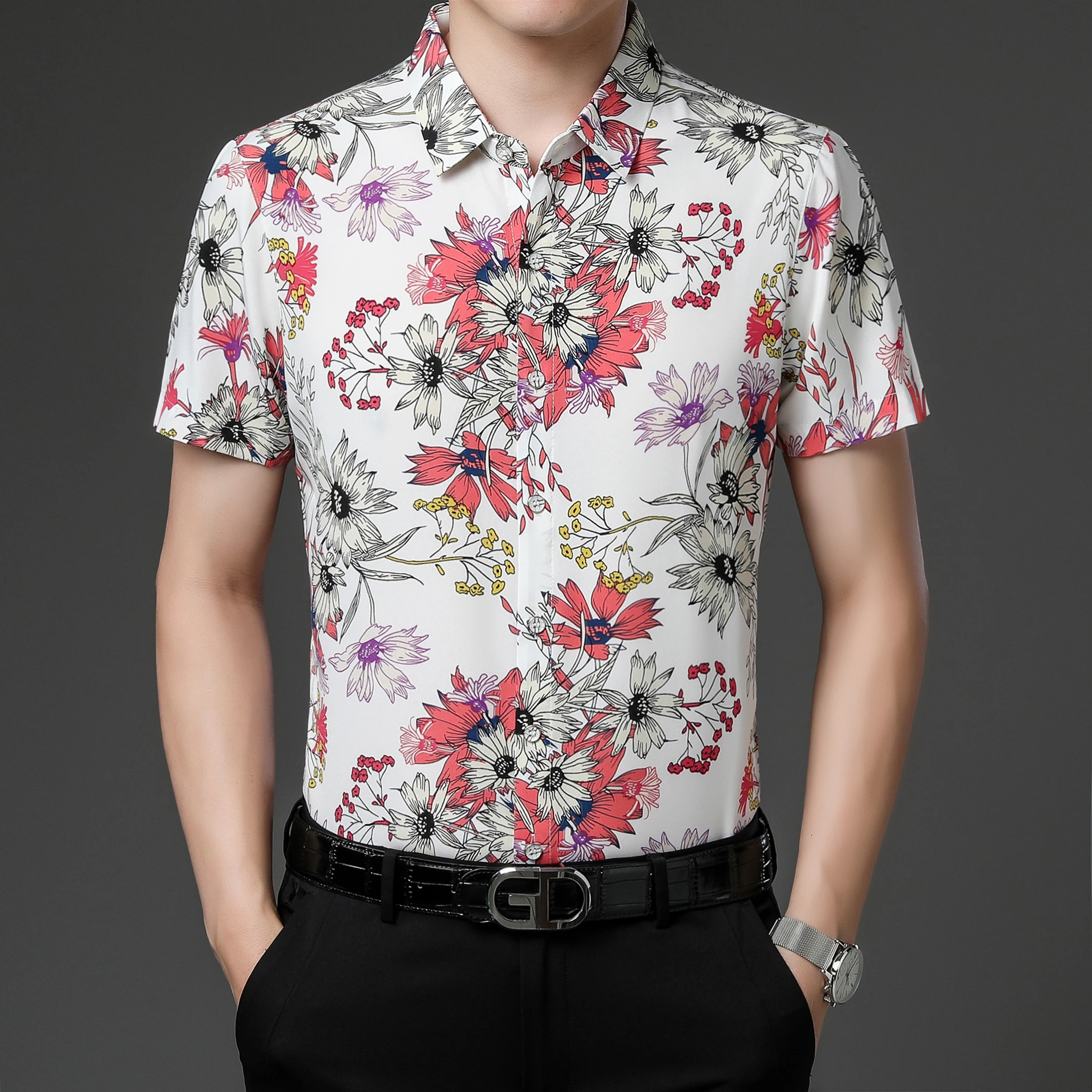 

Men's Flowers Print Clothes 2023 Summer Smooth Short Sleeve Shirts Male Fashion Printing Tops Soft Floral Dress Shirts